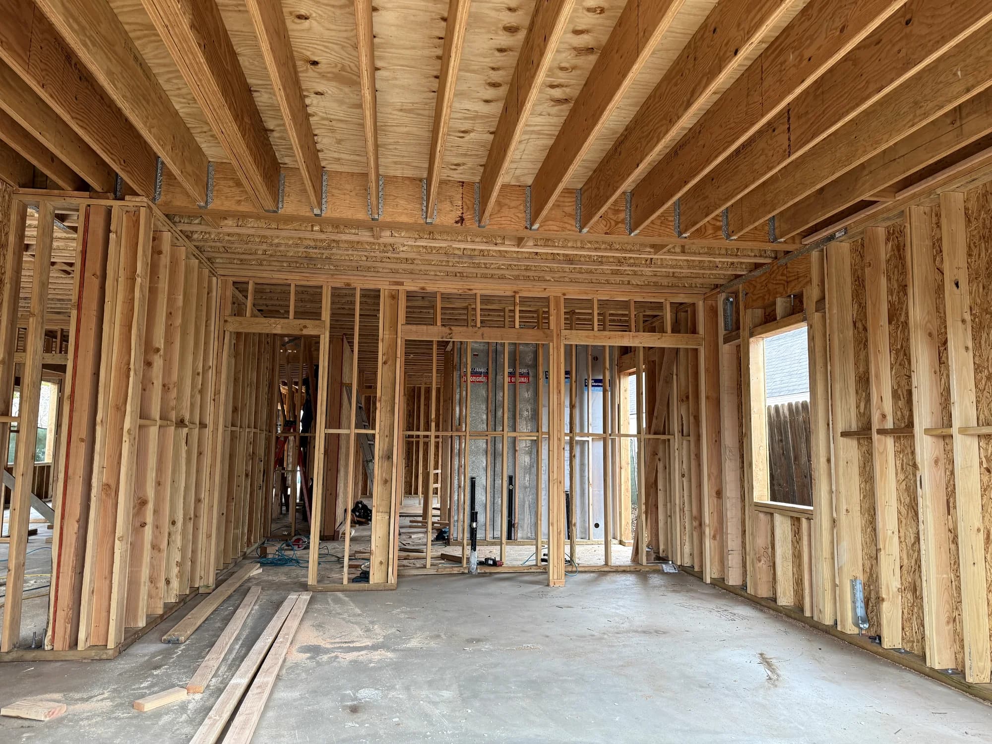 Interior framing before insulation and drywall