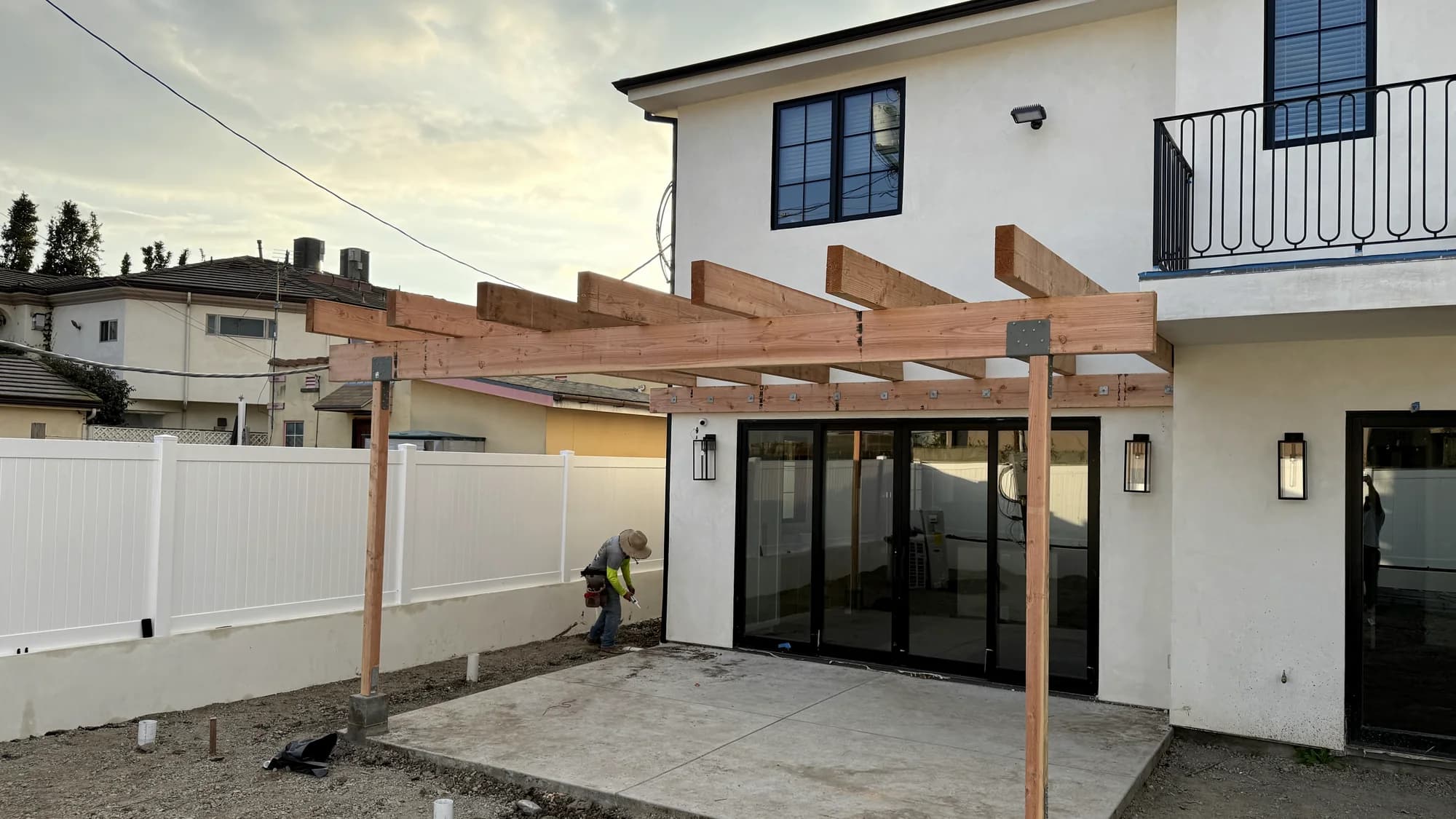 Completed contemporary custom home with covered patio